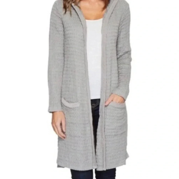 Monodoc LA Gray Hooded Waffle Knit Button Front Long Cardigan Jacket Size Medium - Picture 1 of 16